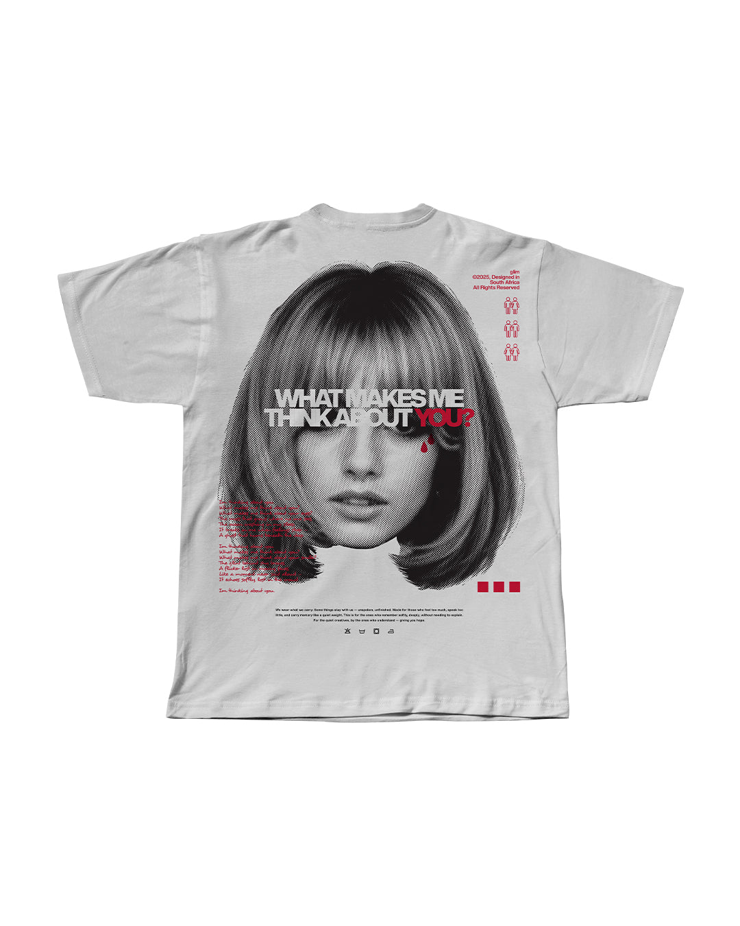 Minimalist t-shirt with Thinking About You text design.