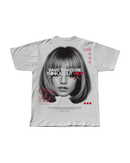 Minimalist t-shirt with Thinking About You text design.